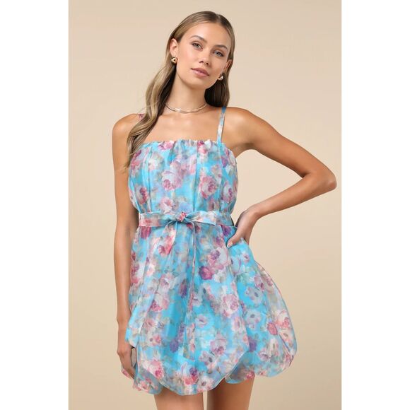 Lulus Bountiful Poise Blue Floral Organza Bubble-hem Mini Dress - Size L - Picture 3 of 5